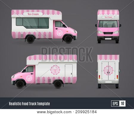 Food trucks realistic ad template design composition of four isolated views of purple ice cream truck vector illustration
