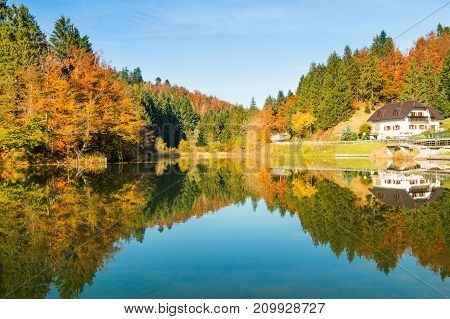 Beautiful landscape of Mrzla vodica lake, autumn landscape, Gorski kotar, Croatia