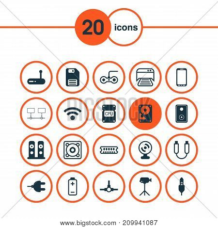 Hardware Icons Set. Collection Of Loudspeakers, Web Camera, Aux Cord And Other Elements