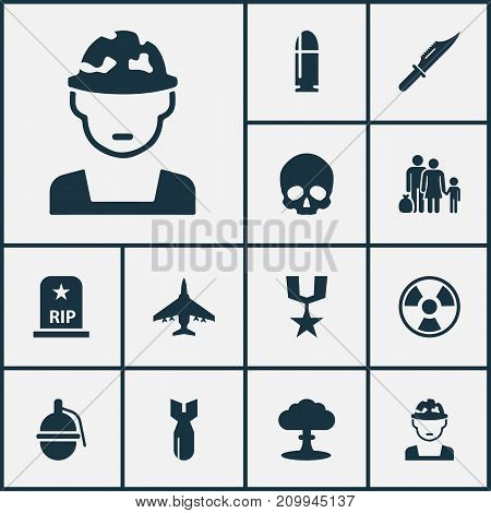 Warfare Icons Set. Collection Of Slug, Cranium, Bombshell And Other Elements
