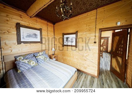 PERESLAVL ZALESSKY, RUSSIA - AUG 28, 2017: Interior of bedroom in guest house of tourist complex Botik at Plescheevo lake shore, near Museum Botik of Peter the Great.