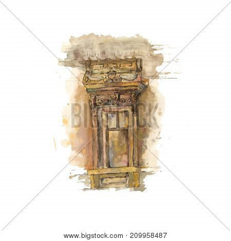 Watercolor illustration of an old window. Sketch.