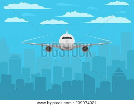 Plane in front of city silhouette. Realistic airplane and city background. Aircraft flying over big city. Blue sky and clouds. Vector illustration.