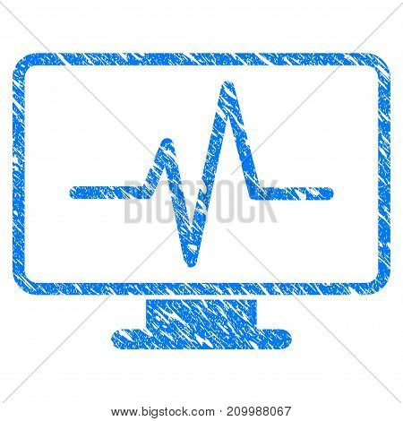 Grunge Line Chart Monitoring icon with scratched design and dust texture. Unclean vector blue Line Chart Monitoring pictogram for rubber seal stamp imitations and watermarks. Draft emblem symbol.