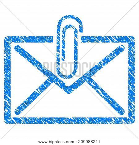 Grunge Mail Attachment icon with scratched design and grungy texture. Unclean vector blue Mail Attachment pictogram for rubber seal stamp imitations and watermarks. Draft sign symbol.