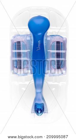 Chisinau Moldova OCTOBER 15 2017: A pack of Gillette Venus shaving blades isolated on white background.