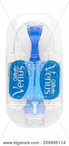 Chisinau Moldova OCTOBER 15 2017: A pack of Gillette Venus shaving blades isolated on white background.