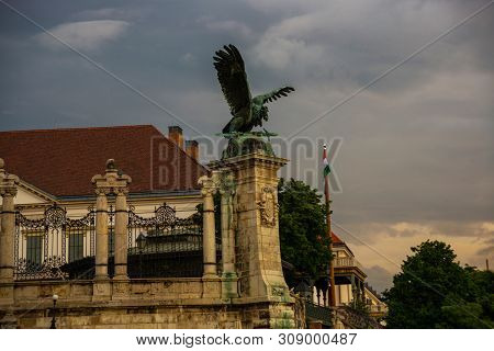 The Bronze Statue Of The Mythological Turul Bird At The Gate Of The Royal Palace In Budapest, Hungar