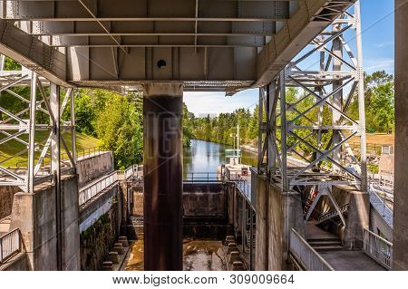 Kawartha Lakes, Canada - June 22, 2018: The Kirkfield Lift Lock, Seen From Below One Of Its Elevated