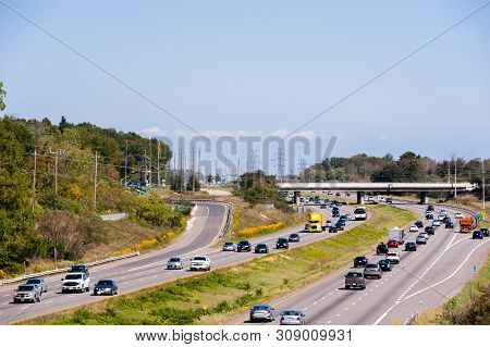 Burlington, Canada - September 23, 2018: Traffic On Highway 403 Near The Interchange With Waterdown 