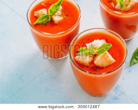 Delicious Gaspacho Soup In Glass. Traditional Spanish Cold Soup Puree Gaspacho Or Gazpacho On Gray C