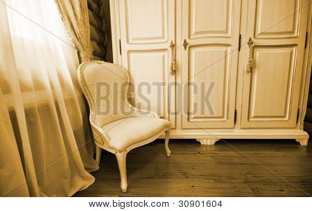 Interior de quarto vintage de luxo. Em tons de sépia