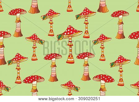 Seamless Pattern With Fancy Mushrooms. Toadstools And Toadstools On A Light Background. Vector Illus