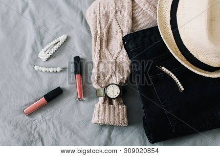 Stylish Flatlay Arrangement With Female Fashion Clothes And Accessories. Stylish Feminine Outfit Con