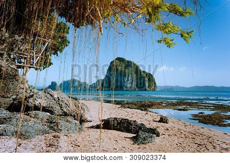 Philippines Natural Scenery Beach At Low Tide, Wooden Bower At The Tree, Amazing Pinagbuyutan Island