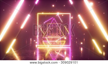 Flying Through Glowing Neon Triangles With Metal Floor Creating A Tunnel With Fog, Yellow Pink Viole