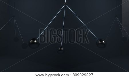 Metal Balls Swing In The Air Without Colliding With Each Other. 3d Illustration