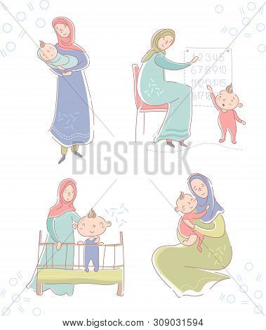 Set With Young Muslim Mother Wearing A Headscarf And Baby Cradling A Newborn, Hugging A Daughter On 