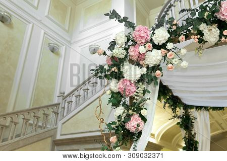 Beautiful Wedding Huppah Decorated With Fresh Fresh Flowers From Hydrangea And Eucalyptus Sheets In 