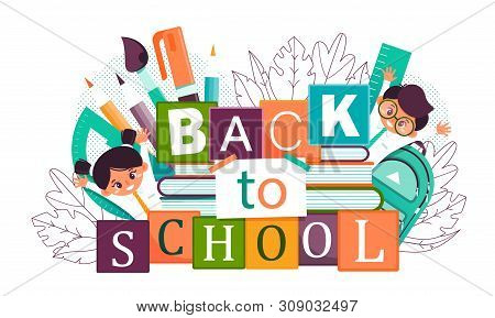 Colorful Back To School Concept With A Young Girl And Boy In Uniform Backed By Assorted School Teach