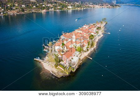 Isola Dei Pescatori And Stresa Town Aerial Panoramic View. Isola Dei Pescatori Or Fishermens Island 