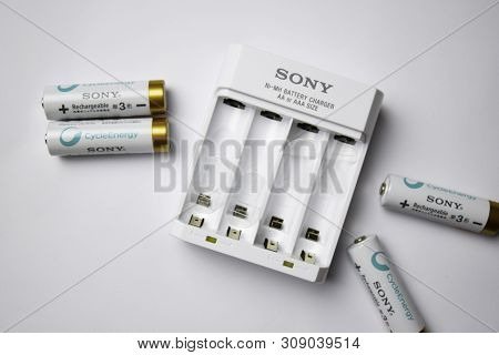 Bekasi. West Java. Indonesia. July 1 2019 : Sony Ni-mh Battery Charger Aa Or Aaa Size With Batteries