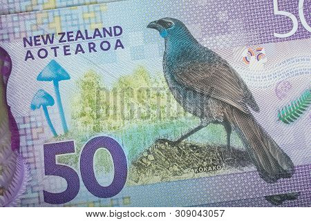 Closeup Of New Zealand Banknote 50$ Dollars. The Symbol Of New Zealand Currency.