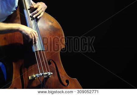 Double Bass. The Musician Playing Contrabass Musical Instrument On Black Background.