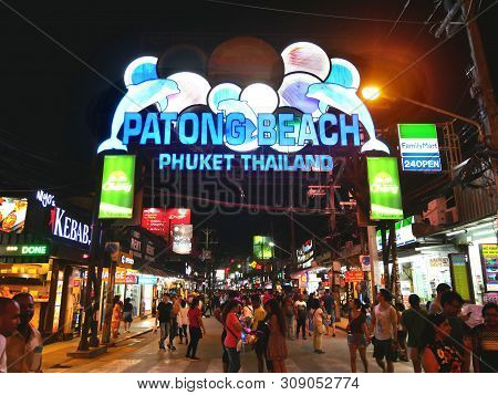 Patong  Phuket, Thailand - June 2019 : Patong Beach Street At Night.  The Famous Night Light With Mu