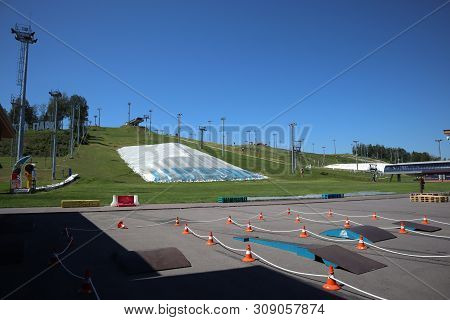 Ski Resort In Summer. Deserted Ski Lifts In The Mountains