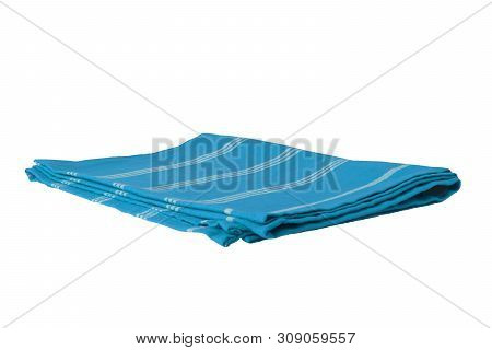 Blue And White Striped Napkin Isolated On White Background. Kittchen Accessories.