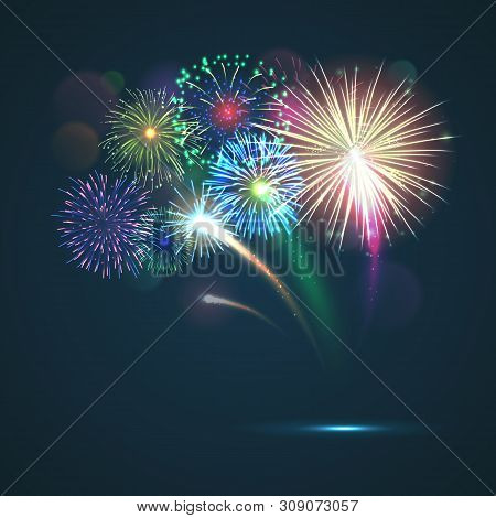 Bursting Fireworks Template With Copyspace Against Black Background. Colorful Pyrotechnics Show. Rea