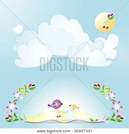 青色の背景の花、鳥、太陽と