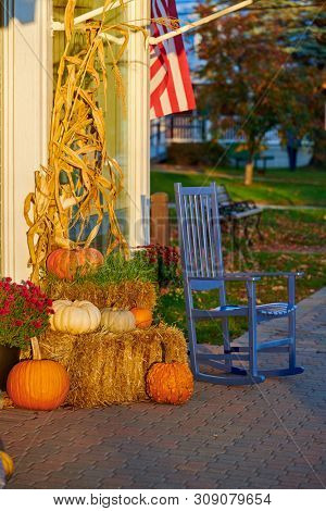 Street in Stowe town at autumn in Vermont, USA 