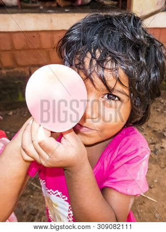 Puduchery, India - December Circa, 2018. Unidentified Indian Little Girl With Shy Coy Expression In 