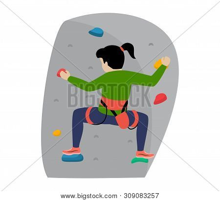 Kids Climbing Vector Climber Children Character Climbs Rock Mountain Wall Or Mountainous Cliff Illus
