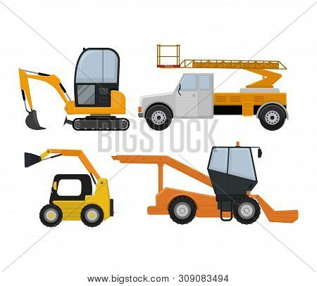 Road Cleaning Machine Excavator Tractor Vector Vehicle Truck Sweeper Cleaner Wash City Streets Illus