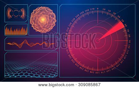 Military Green Radar. Wireframe Landscape . Screen With Target. Futuristic Hud Interface. Stock Vect
