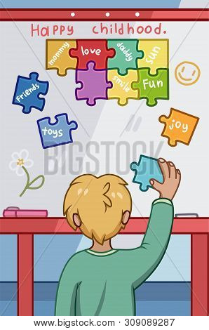 Happy Childhood Concept With Young Boy Placing Colorful Puzzle Pieces