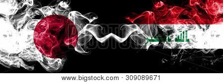 Japan Vs Iraq, Iraqi Smoky Mystic Flags Placed Side By Side. Thick Colored Silky Smokes Combination 