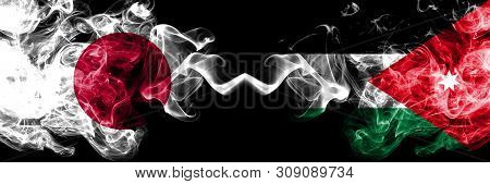 Japan Vs Jordan, Jordanian Smoky Mystic Flags Placed Side By Side. Thick Colored Silky Smokes Combin