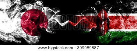 Japan Vs Kenya, Kenyan Smoky Mystic Flags Placed Side By Side. Thick Colored Silky Smokes Combinatio