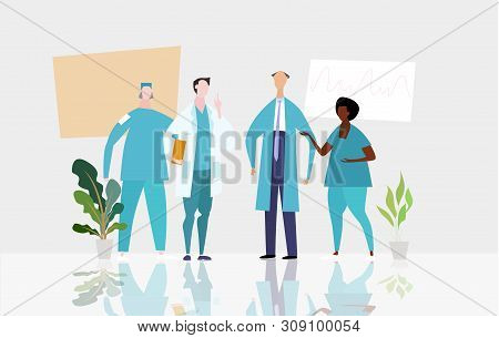 Doctors And Nurses Talking In The Hospital Hall. Medical And Health Concept Illustration