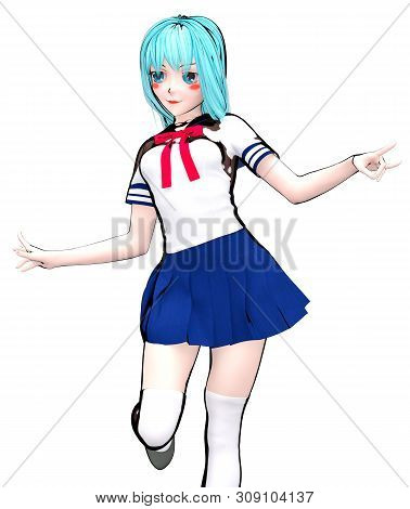 3d Sexy Anime Doll Japanese Schoolgirl Big Blue Eyes.skirt Blue.white Knee Socks.cartoon, Comics, Sk