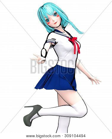 3d Sexy Anime Doll Japanese Schoolgirl Big Blue Eyes.skirt Blue.white Knee Socks.cartoon, Comics, Sk