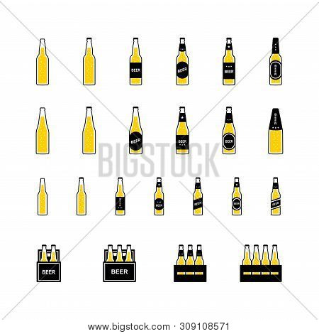 Beer In Bottles And Boxes With Bubbles, Colored Icon On White Background. Vector