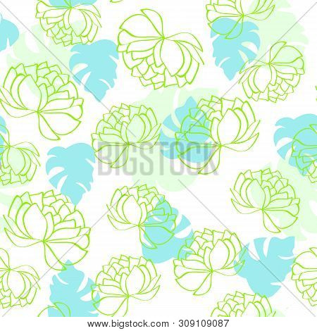 Vector Seamless Pattern With Pions And Tropical Leaves Isolated  On White Backdrop. For Wrapping Pap