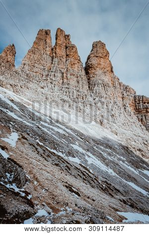 Beautiful Summer View Of The Top Of Vajolet Towers In The Dolomites Mountains, Catinaccio Rosengarte