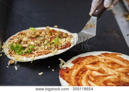 Hands Cook Making Healthy Fresh Fajitas Or Fajitos With Cheese, Beef, Tomatoes. Served Very Hot, Fro