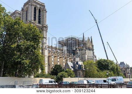 Paris, France - June 27, 2019: Cath Drale Notre-dame De Paris Construction And Refurbishment Rebuild